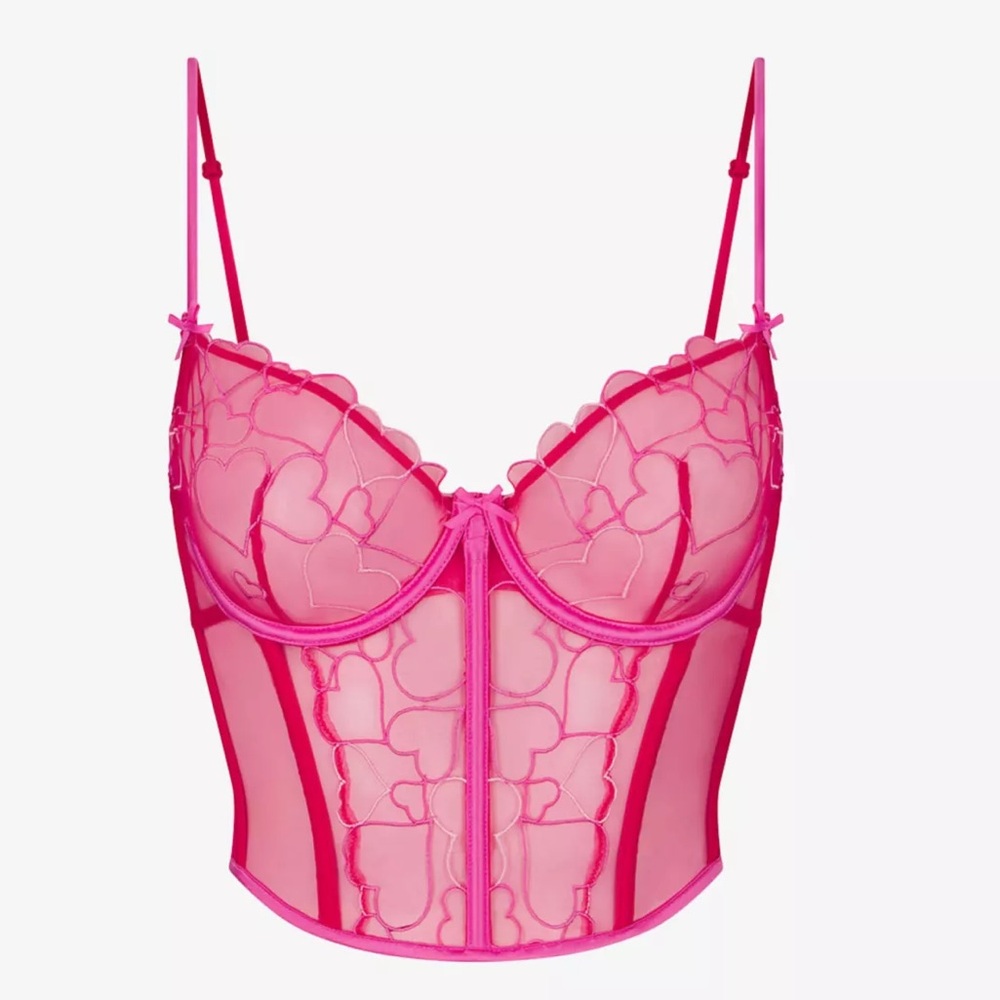 Pink Heart-Embroidered Sheer Longline Bralette - Picture 2 of 8